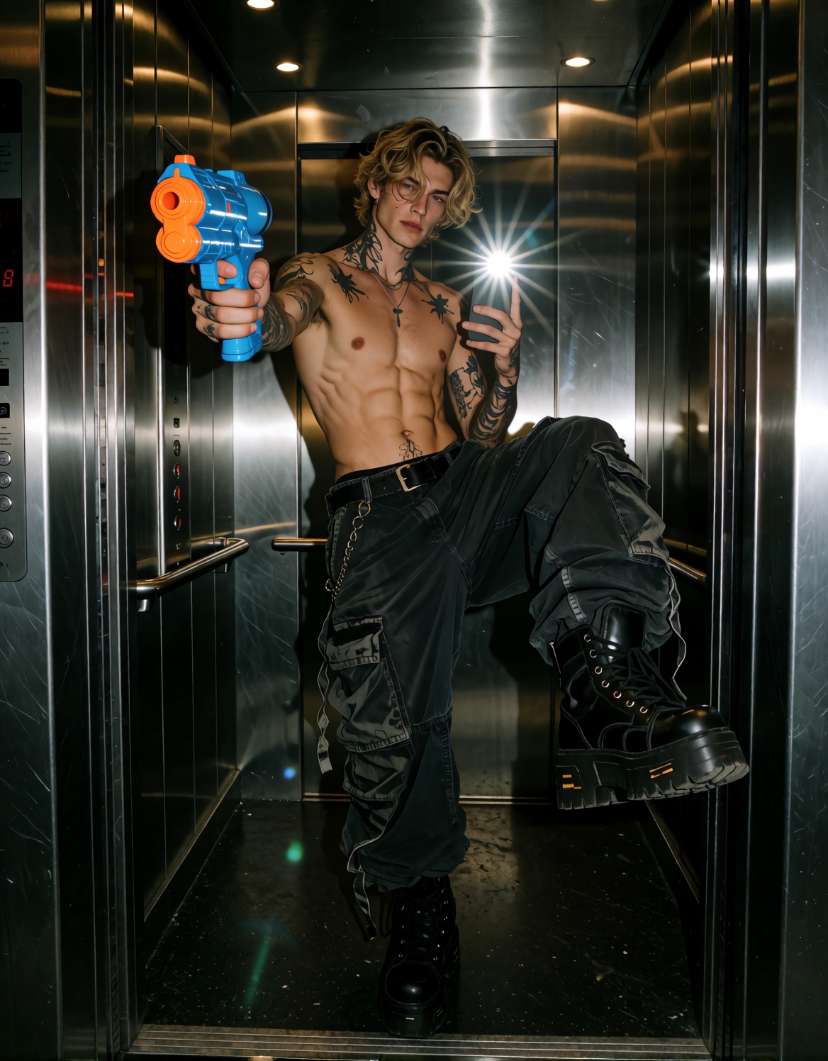 A shirtless young man with wavy blond hair,  his face has an asymmetrical grin and visible tattoos on his neck,  shoulders...