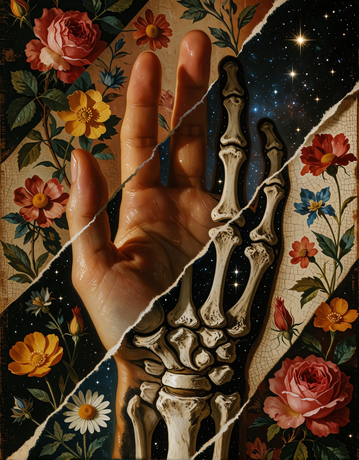Surreal vertical oil painting of a human hand morphing into skeletal bones,  composed in diagonal sliced bands that altern...