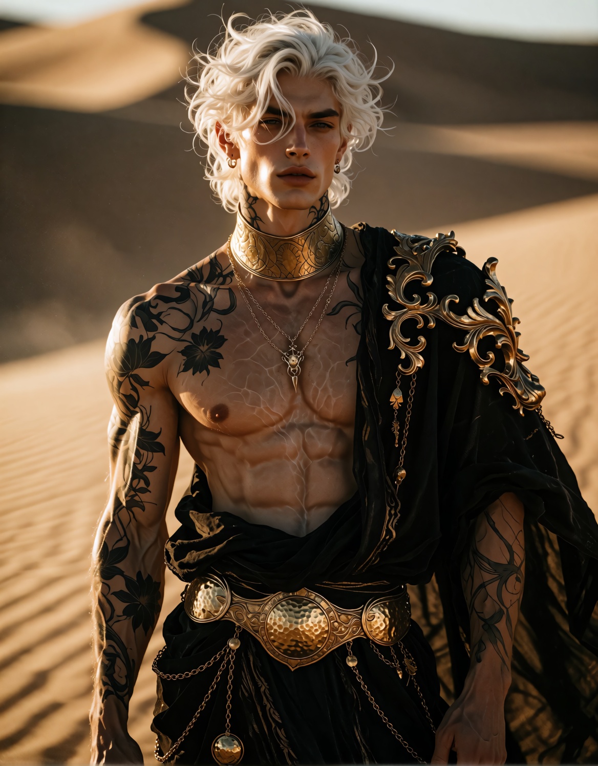 A striking,  hyper-detailed portrait of a regal,  androgynous male figure standing in sunlit desert dunes on Tensor.Art