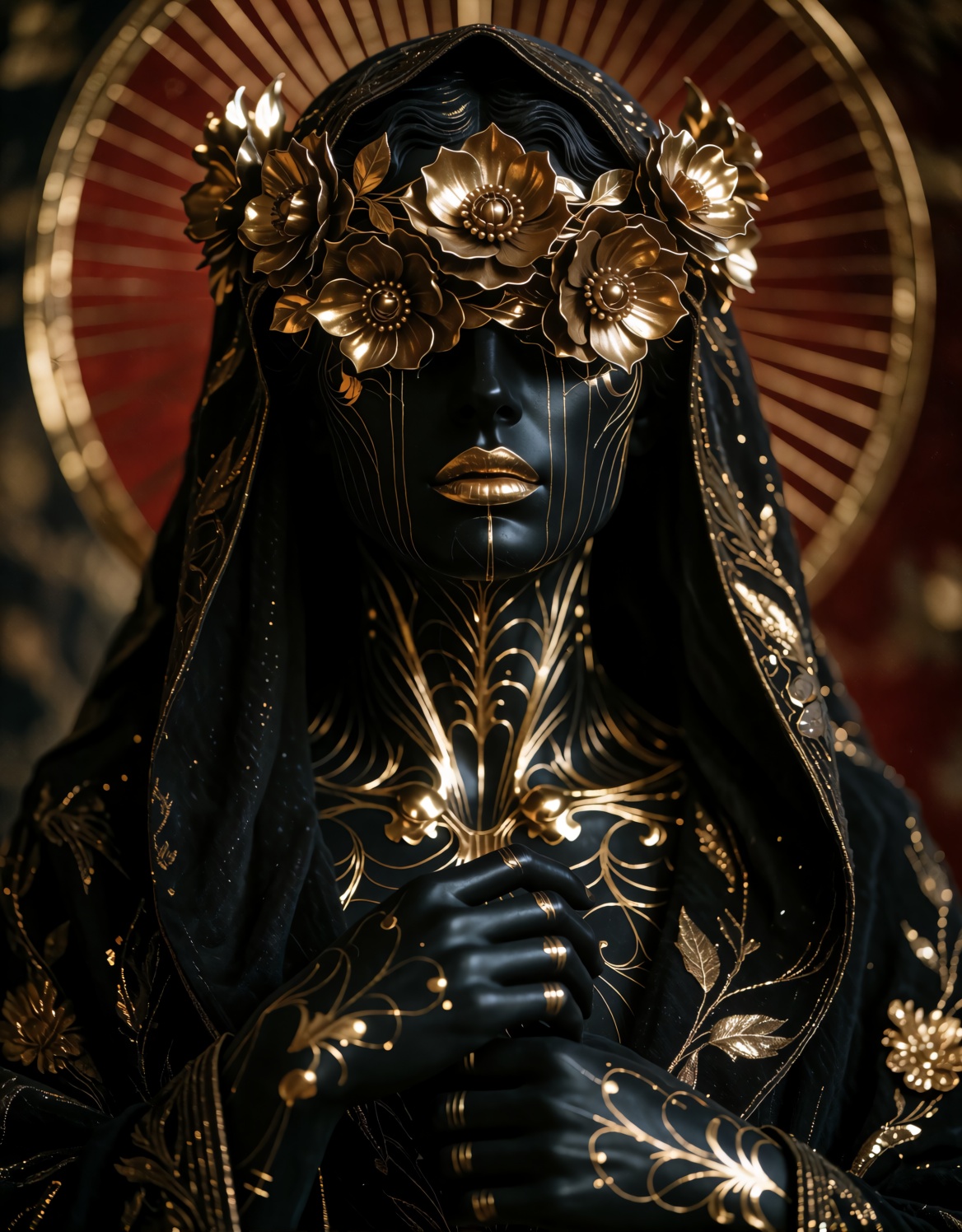 Photorealistic,  hyper-detailed portrait of a regal,  statue-like figure with matte obsidian skin and intricate liquid-gol...