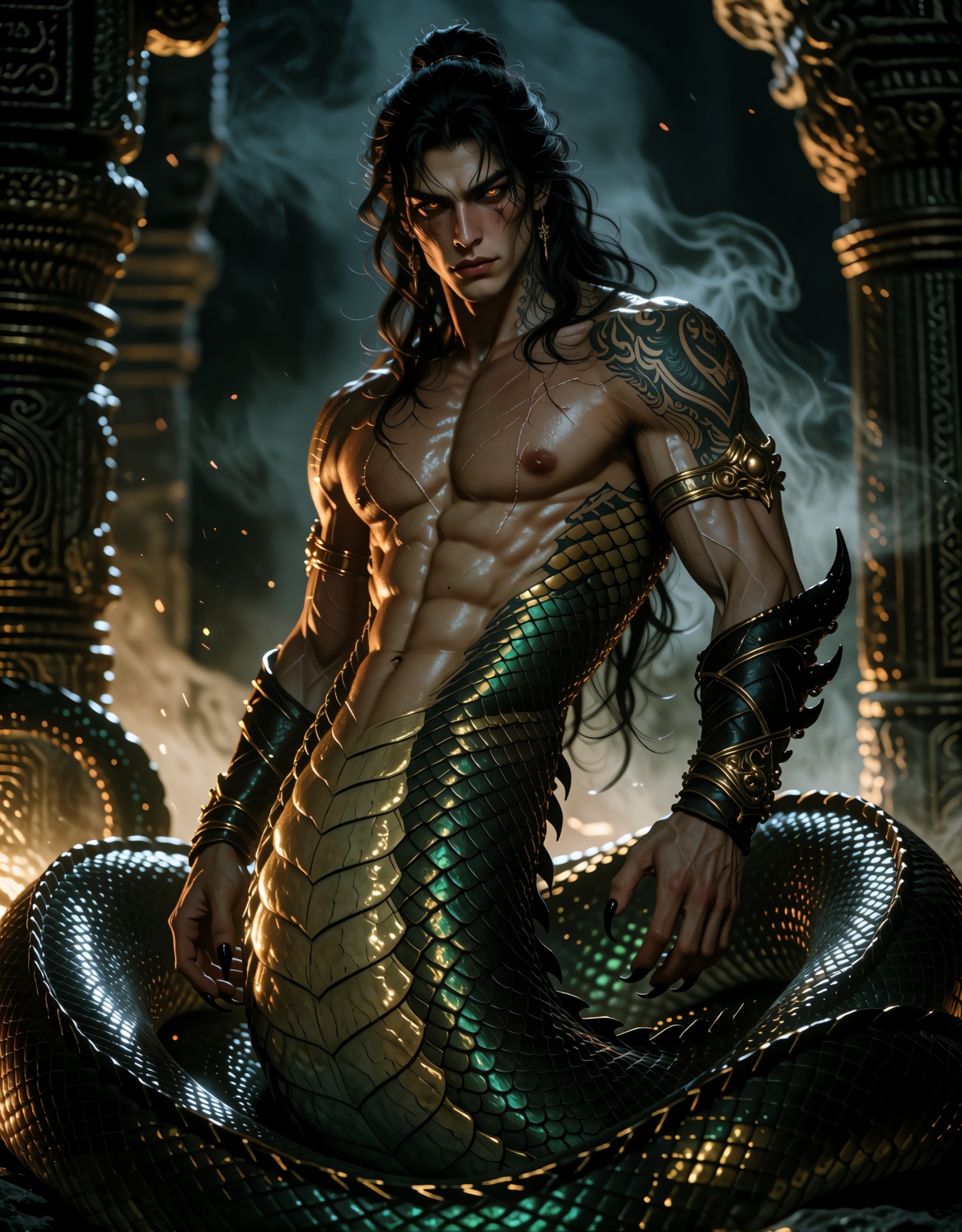 Ultra-detailed dark fantasy portrait of a male naga: a powerful half-man,  half-serpent figure coiled around ancient carve...