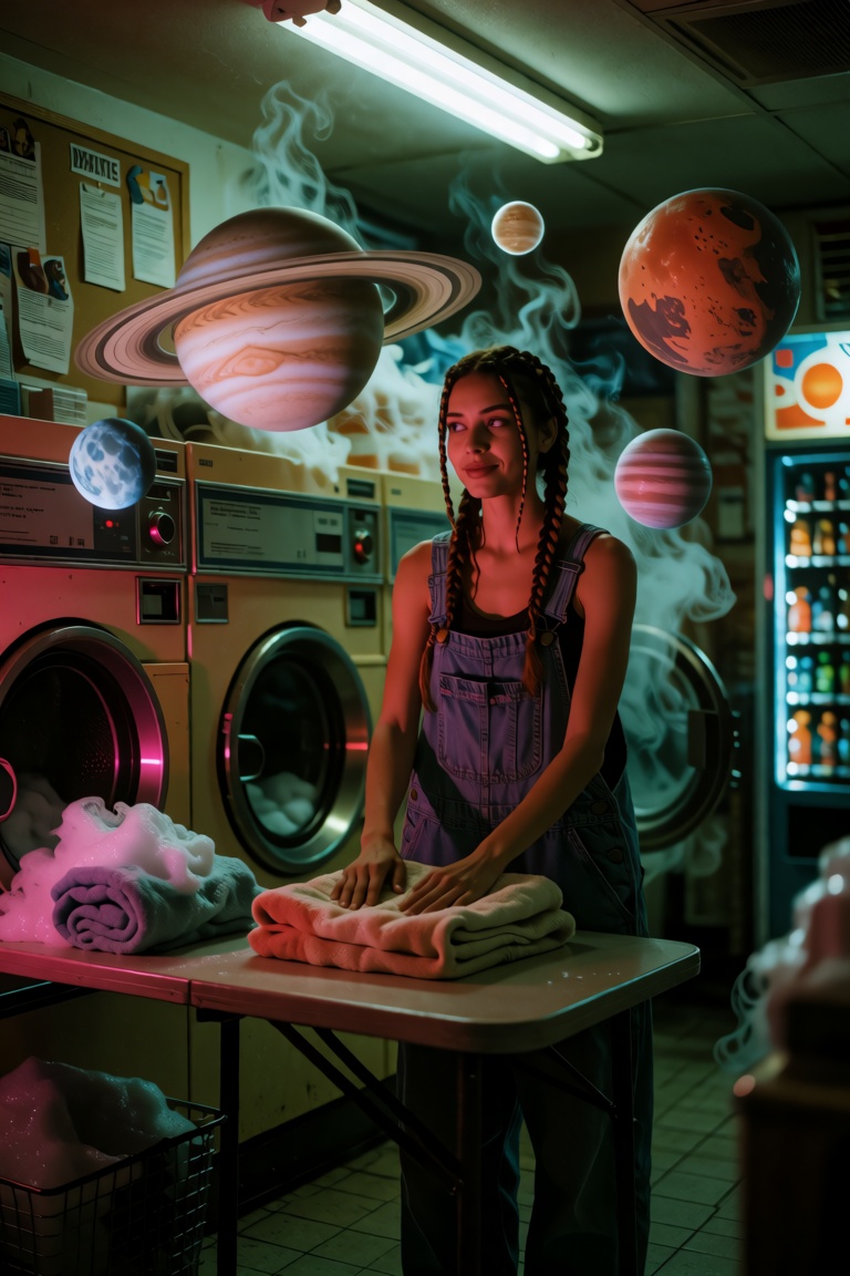 A surreal cinematic still of a young woman with box braids and oversized denim overalls standing at a folding table inside...