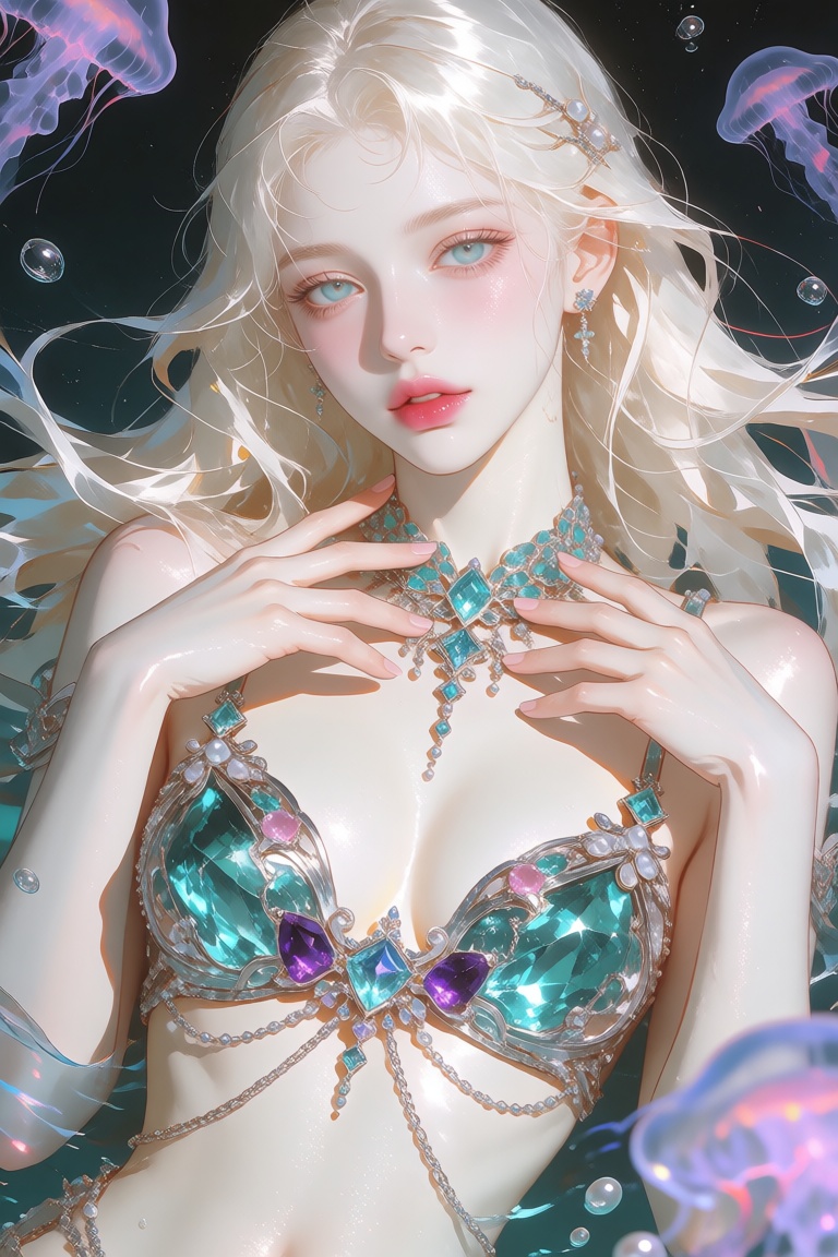 A polished half-body digital illustration of a beautiful white woman with fair,  luminous porcelain skin,  rendered in a p...