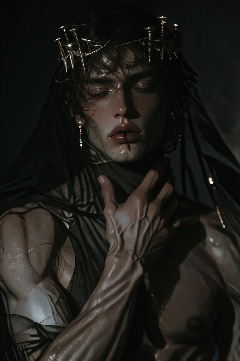 portrait of an male draped in sheer black veil,  eyes gently closed,  head crowned with a handcrafted circlet of screws an...