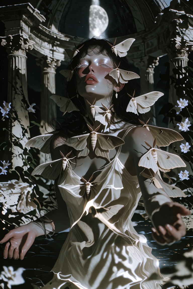 A moonlit portrait of a young woman standing in the doorway of a ruined marble rotunda,  arms open,  head tipped back on T...