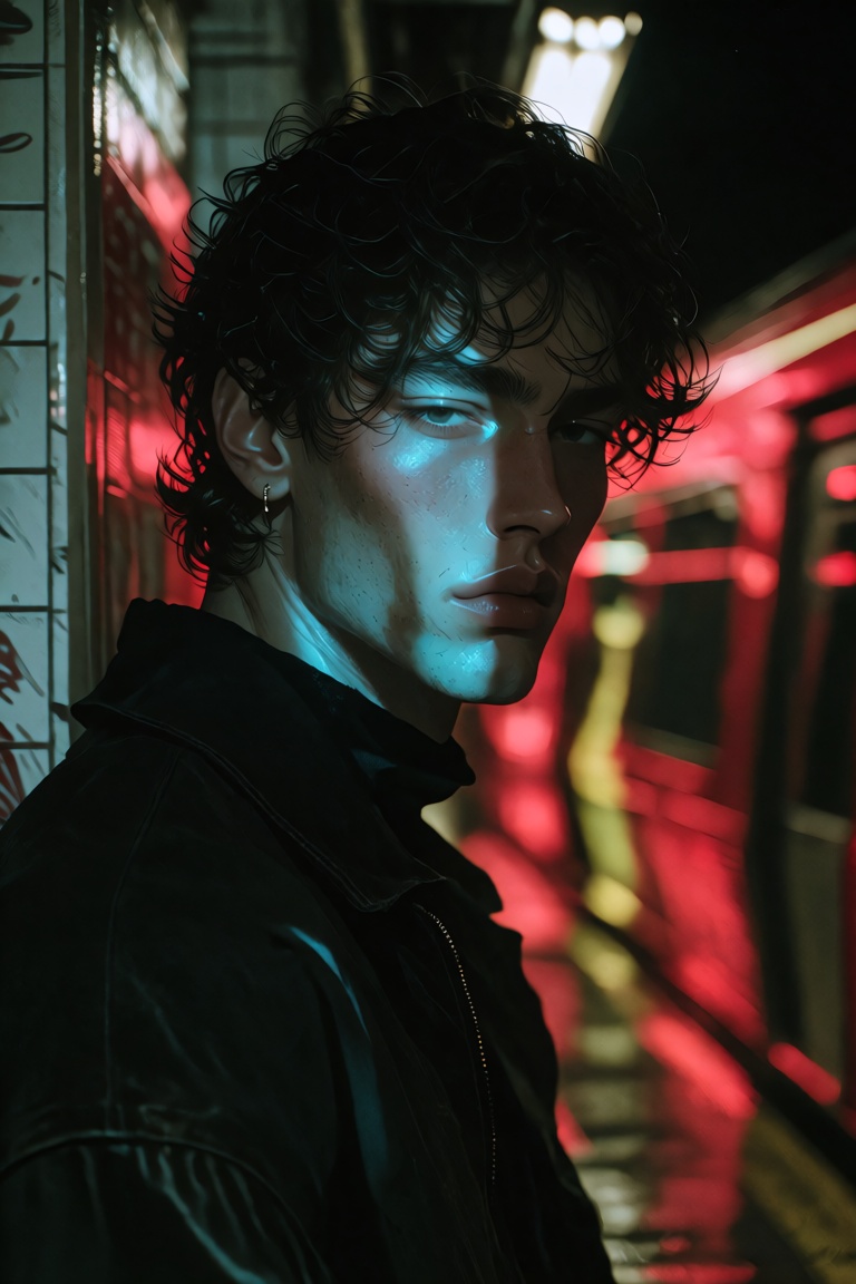 A portrait of a young man with wavy dark hair leaning against a white tiled wall in a subway station. His face is shown in...
