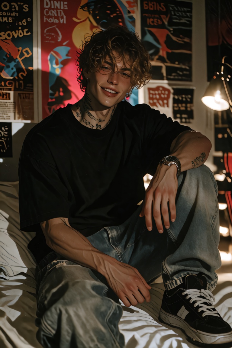 A relaxed young man sitting casually on a bed against a wall plastered with colorful vintage concert posters,  wearing a p...