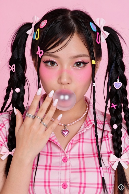 A vertical,  high-resolution studio portrait photograph of a young Asian woman with a hyper-feminine,  Y2K coquette aesthe...