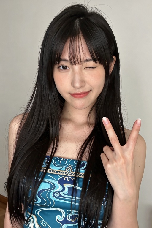 The image shows a asian person with long,  straight black hair wearing a blue traditional-style dress with intricate patte...