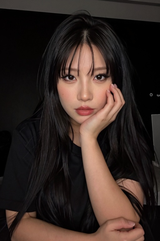 The image shows a person with long,  dark hair,  wearing a black top. The person is holding their chin with their right ha...