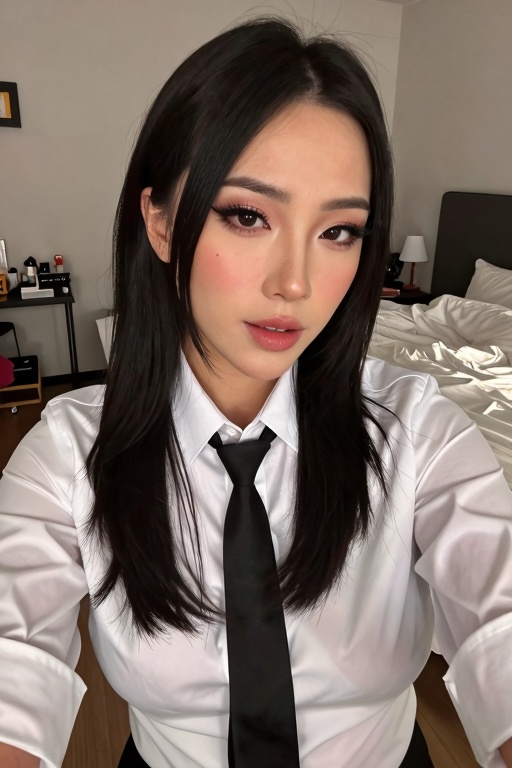 The image shows a asian person with long black hair wearing a white shirt with a black tie. The person is taking a selfie,...