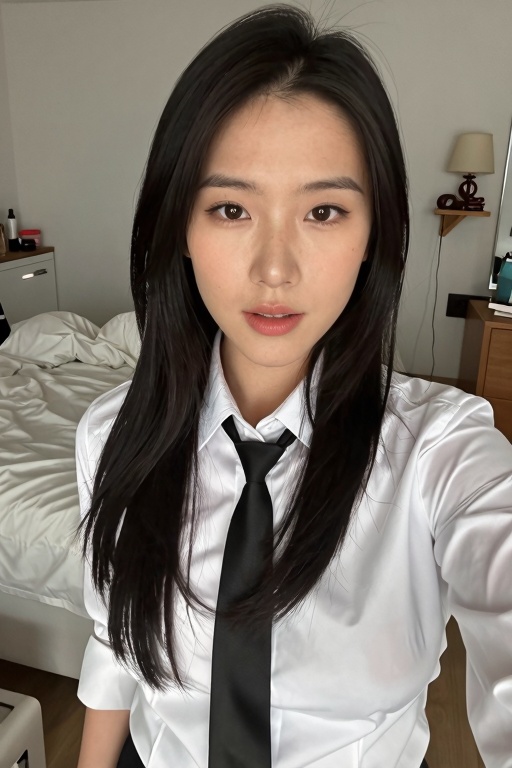 The image shows a asian person with long black hair wearing a white shirt with a black tie. The person is taking a selfie,...