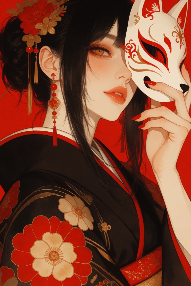 Portray a beautiful woman with long black hair adorned with a hair ornament and wearing Japanese clothes,  specifically a...