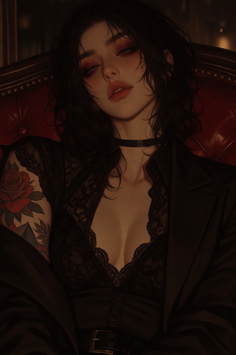This is a digital artwork depicting a dark,  moody,  and sensual portrait of a young woman with a gothic on Tensor.Art