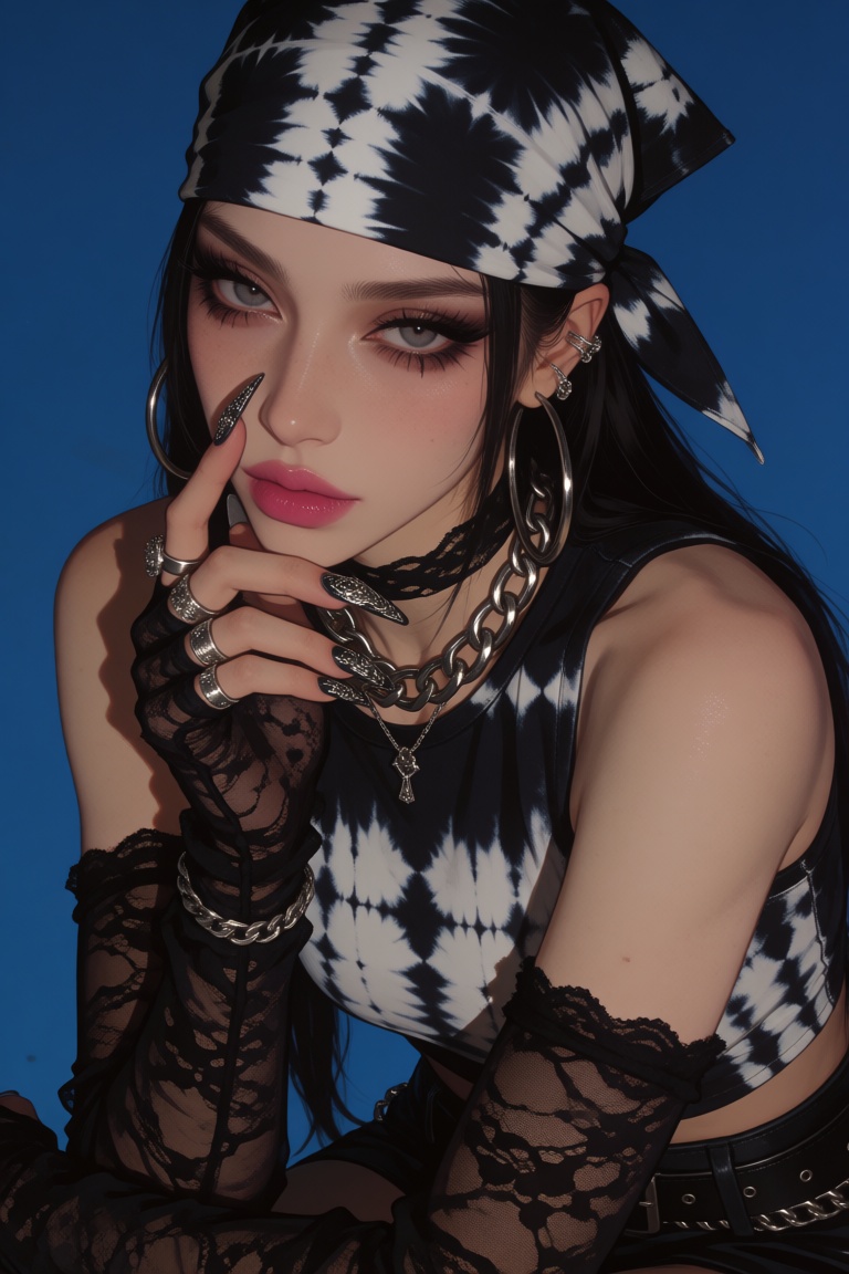 The image depicts a woman with a striking and edgy fashion style. She is wearing a black and white tie-dye headscarf,  a s...