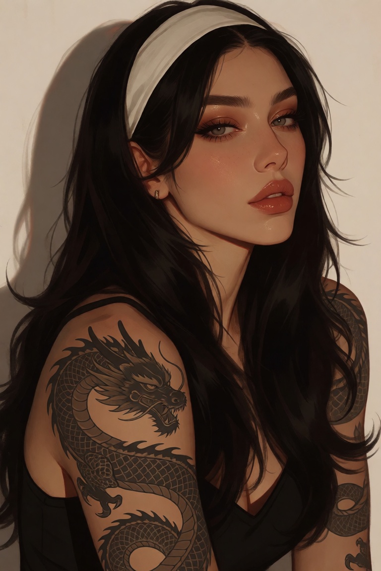 The image depicts a woman with long,  dark hair styled in loose waves,  wearing a white headband. She has a fair complexio...