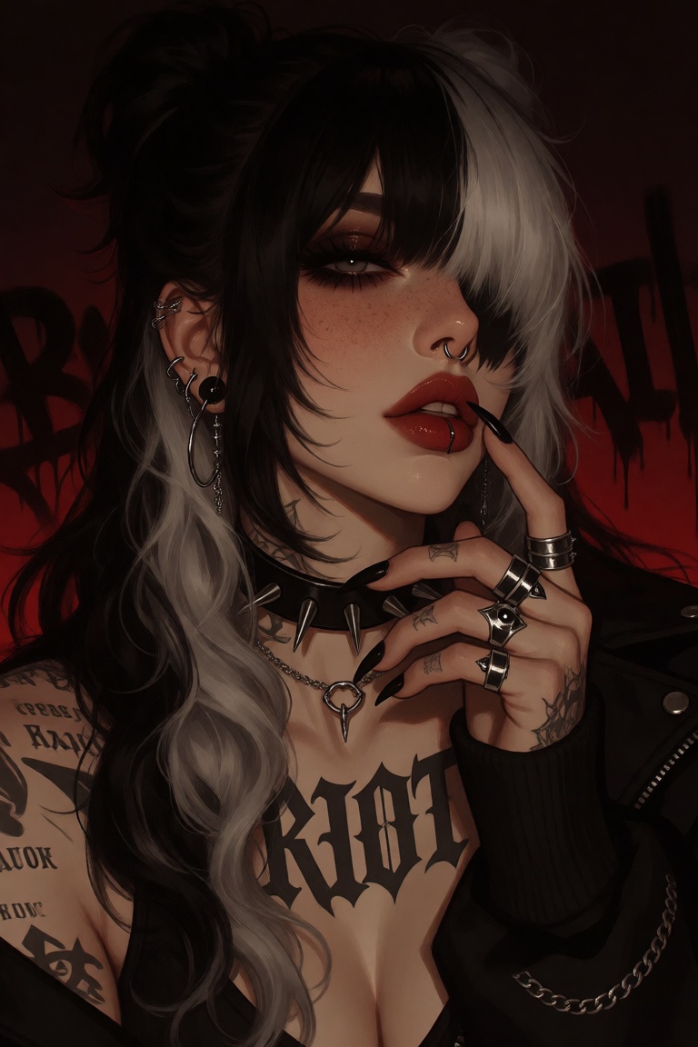 This digital artwork features a dark,  gothic-style portrait of a young woman with a pale,  freckled complexion and striki...