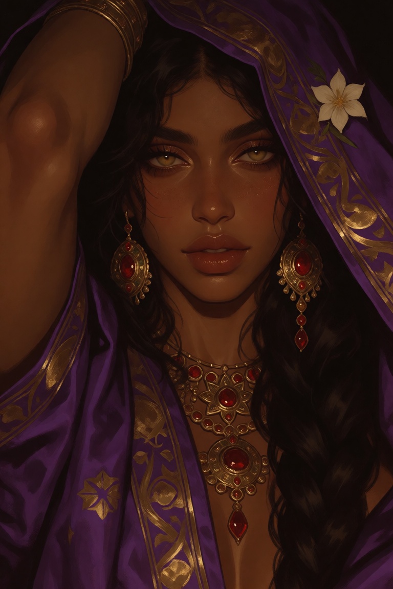 This is a digital painting of a dark-skinned,  beautiful woman with long,  wavy black hair and striking yellow-green eyes....
