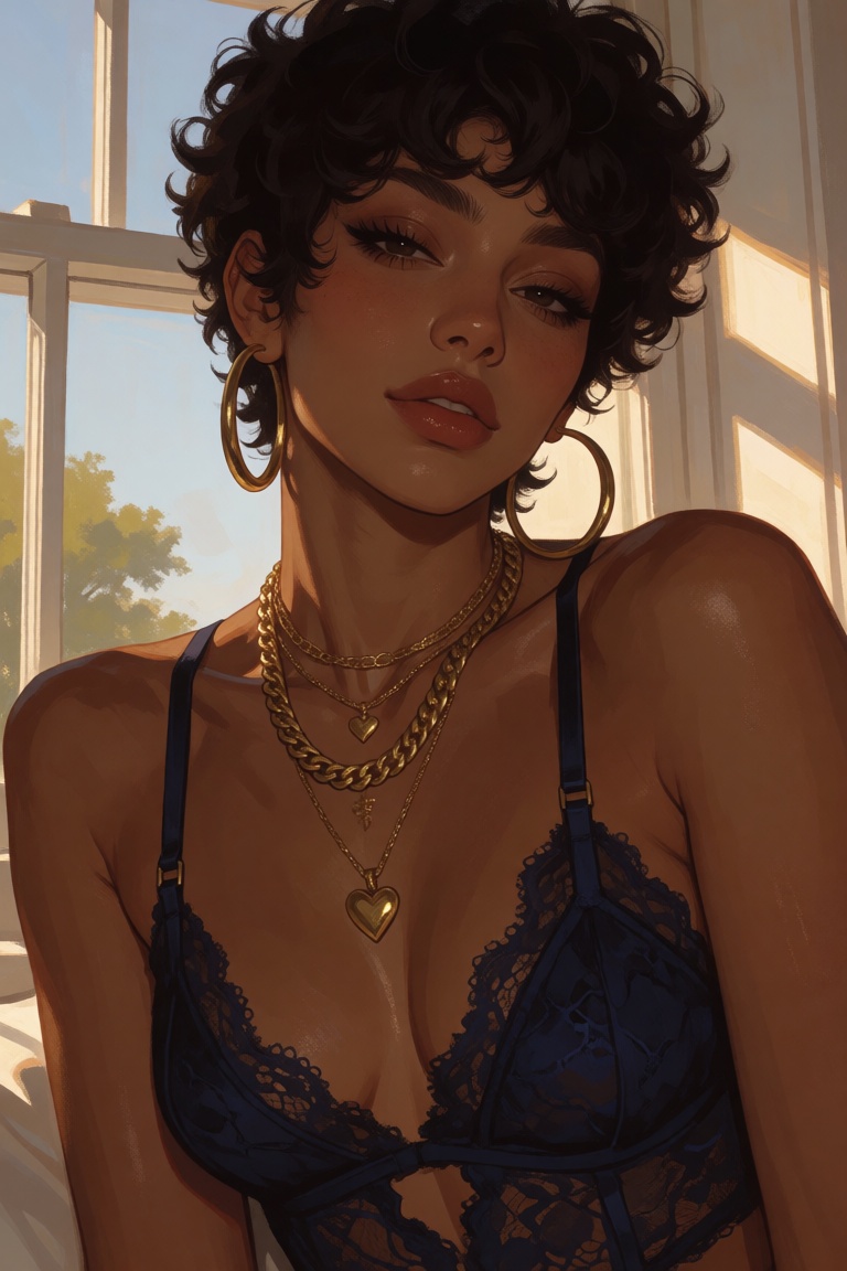 The image depicts a woman with short,  dark,  curly hair on Tensor.Art