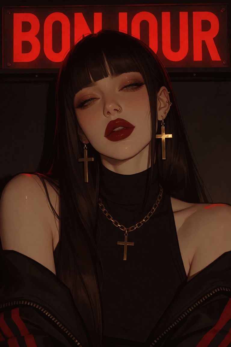 This digital artwork depicts a close-up of a young woman with pale skin and dark brown hair featuring straight,  blunt ban...