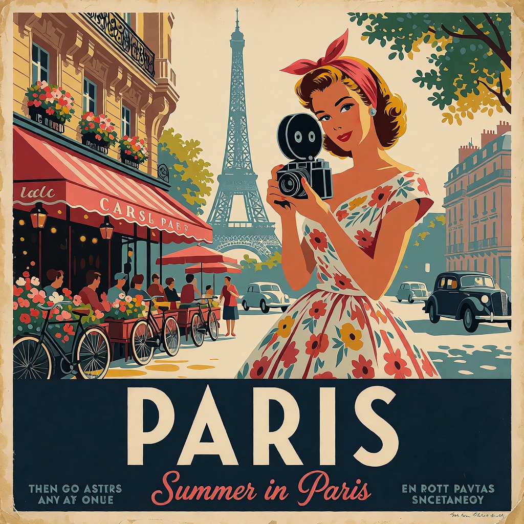 oumvect4or,  PARIS Paris in Summer Authentic 1950s Paris vintage travel poster in the exact same visual style,  elegant yo...