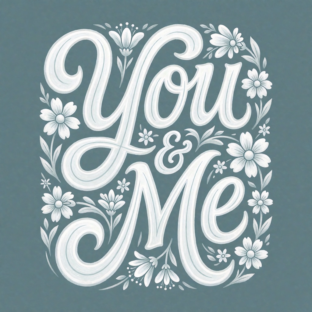 oumvect4or,  highly stylized text that reads "You & Me" flowing flowery font style,  long exagerations and lettering on Te...
