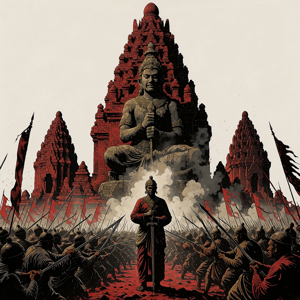 oumvect4or,  signature Majapahit Saga temple battlefield,  KING SAKA standing in foreground with keris lowered on Tensor.Art