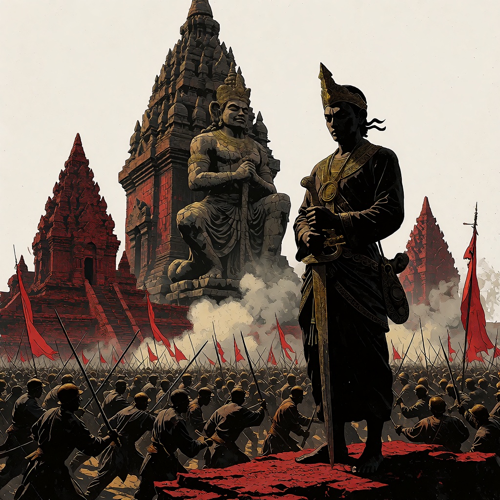 oumvect4or,  ignature Majapahit Saga temple battlefield,  KING SAKA standing in foreground with keris lowered on Tensor.Art