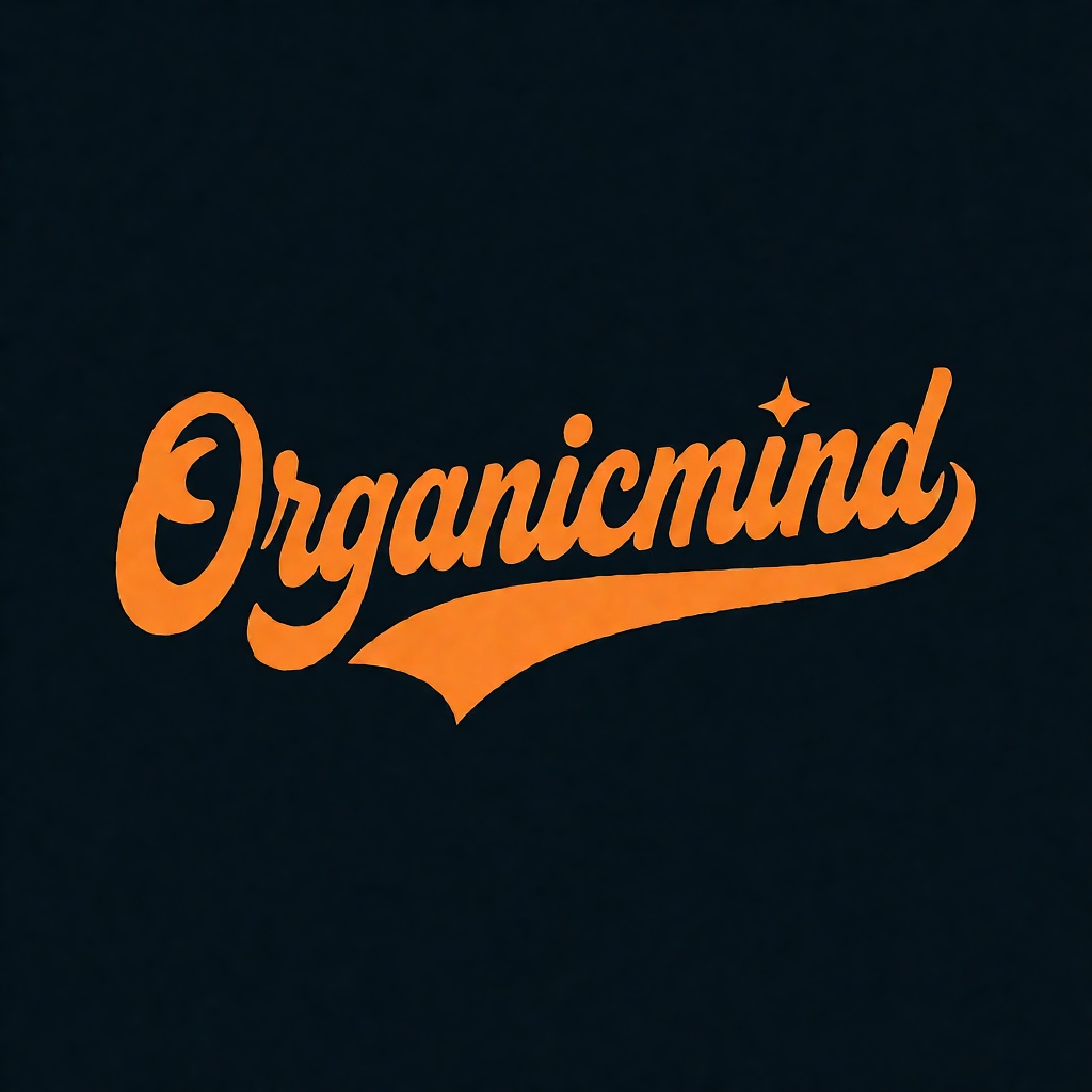 oumvect4or,  design illustration. The image displays a stylized text logo reading "Organicmind" in a bold,  cursive script...