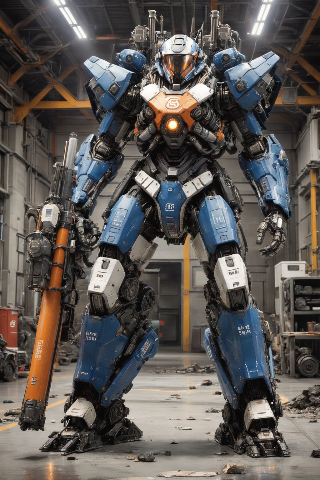 A highly detailed photorealistic 3D CGI render of a towering orange and black armored mech standing in a powerful frontal...