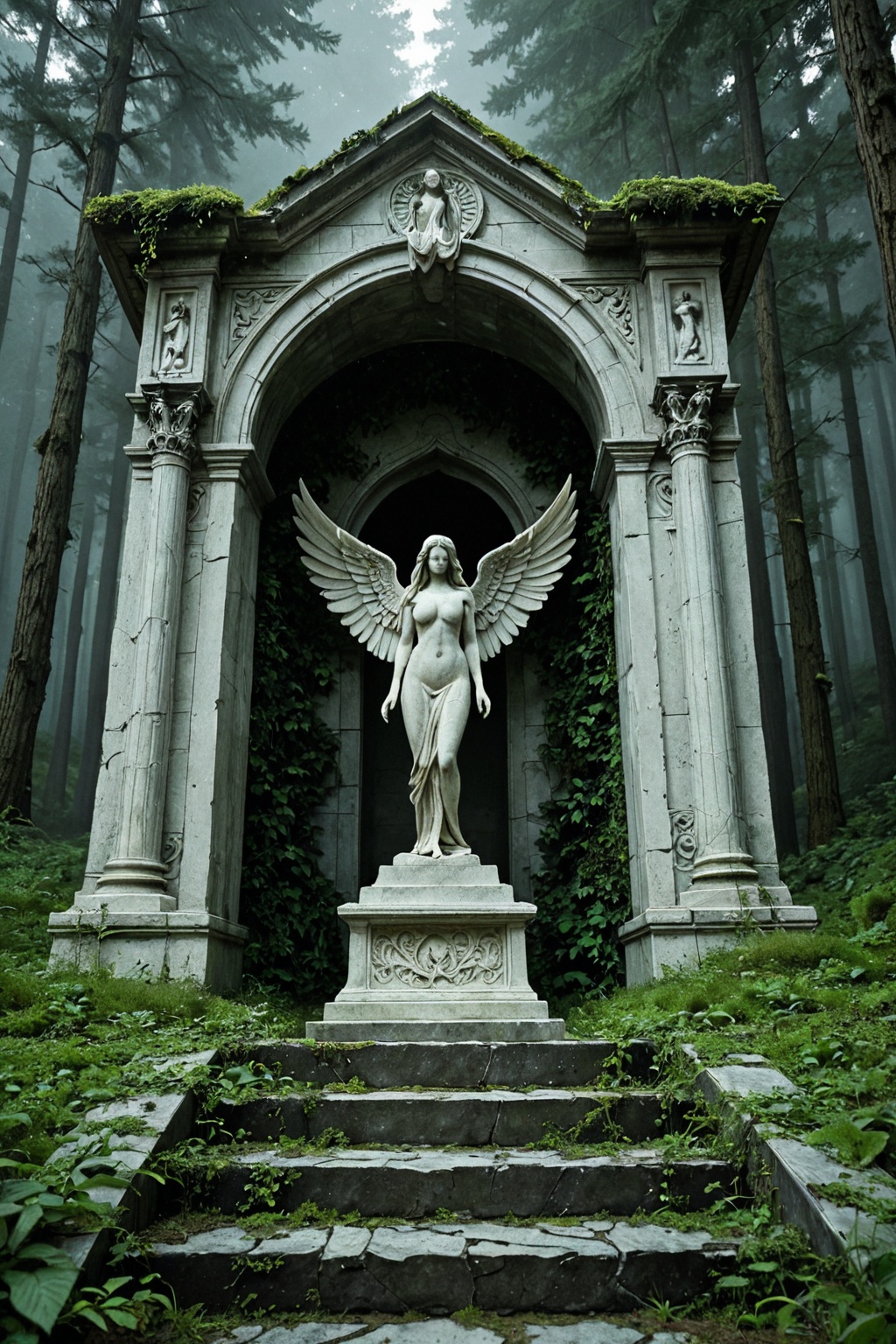 A photorealistic cinematic photograph depicting a monumental weathered stone mausoleum deep within an overgrown forest,  v...
