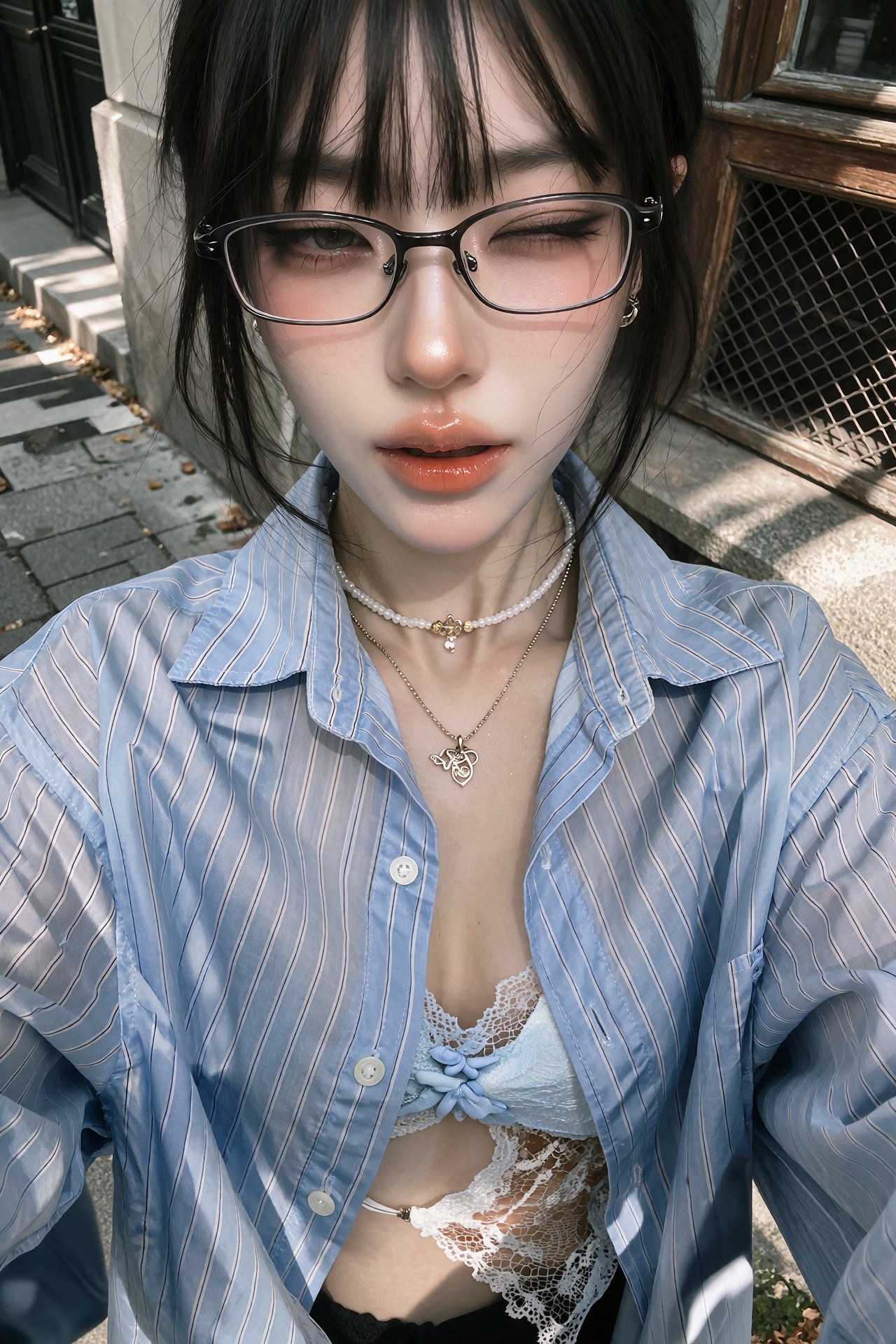 Cinematic editorial close-up selfie-style portrait photograph of a young woman with dark hair styled with blunt bangs fall...