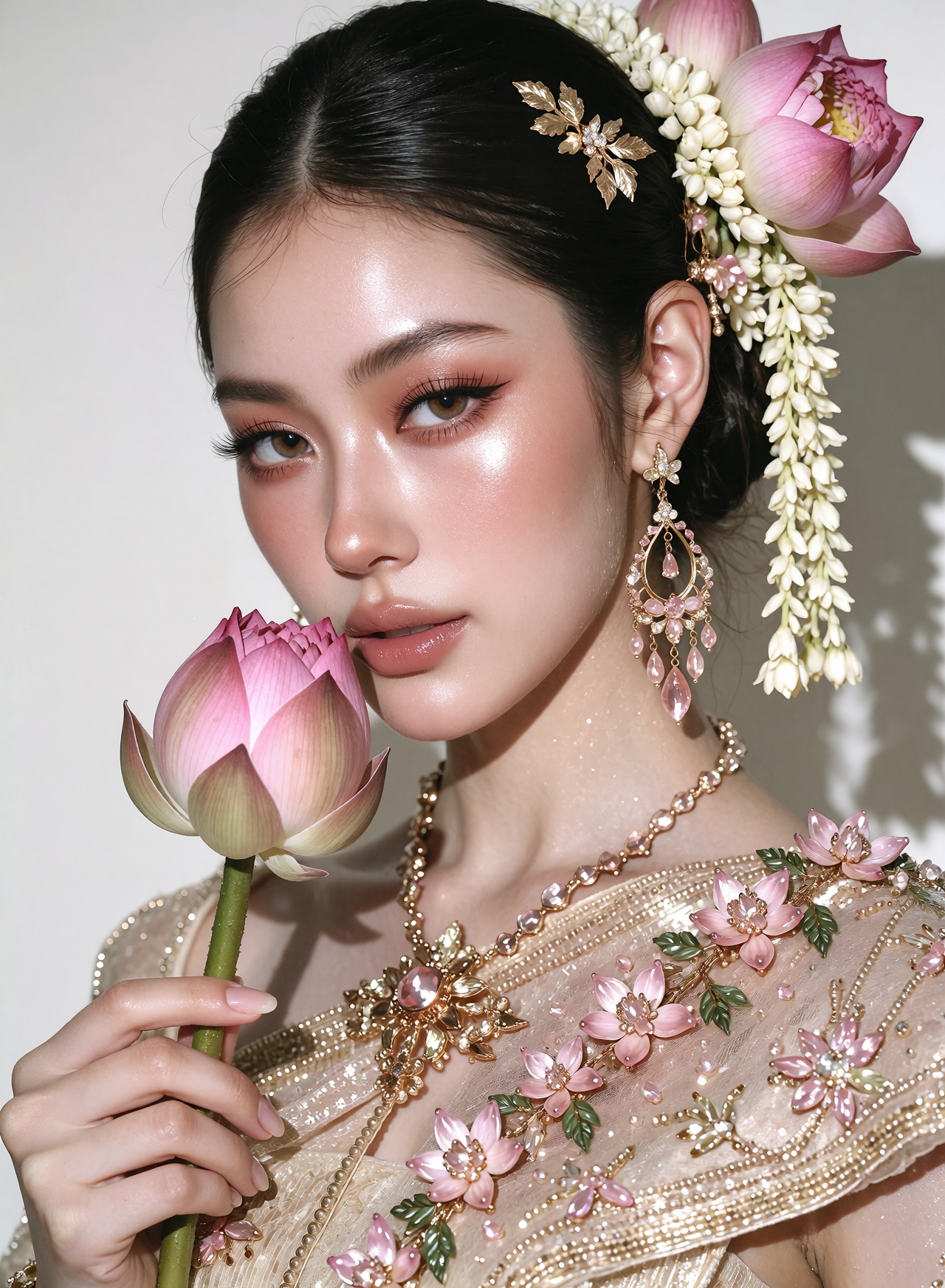 Cinematic editorial beauty portrait photograph of a young woman with sleek dark hair pulled back into an elegant updo,  ad...