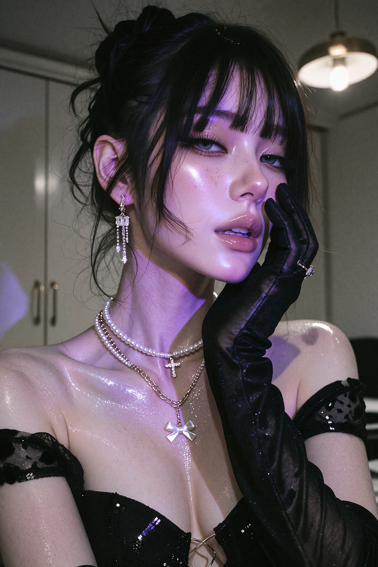 Cinematic editorial close-up portrait photograph of a young woman with dark hair pulled back into a high bun with blunt ba...