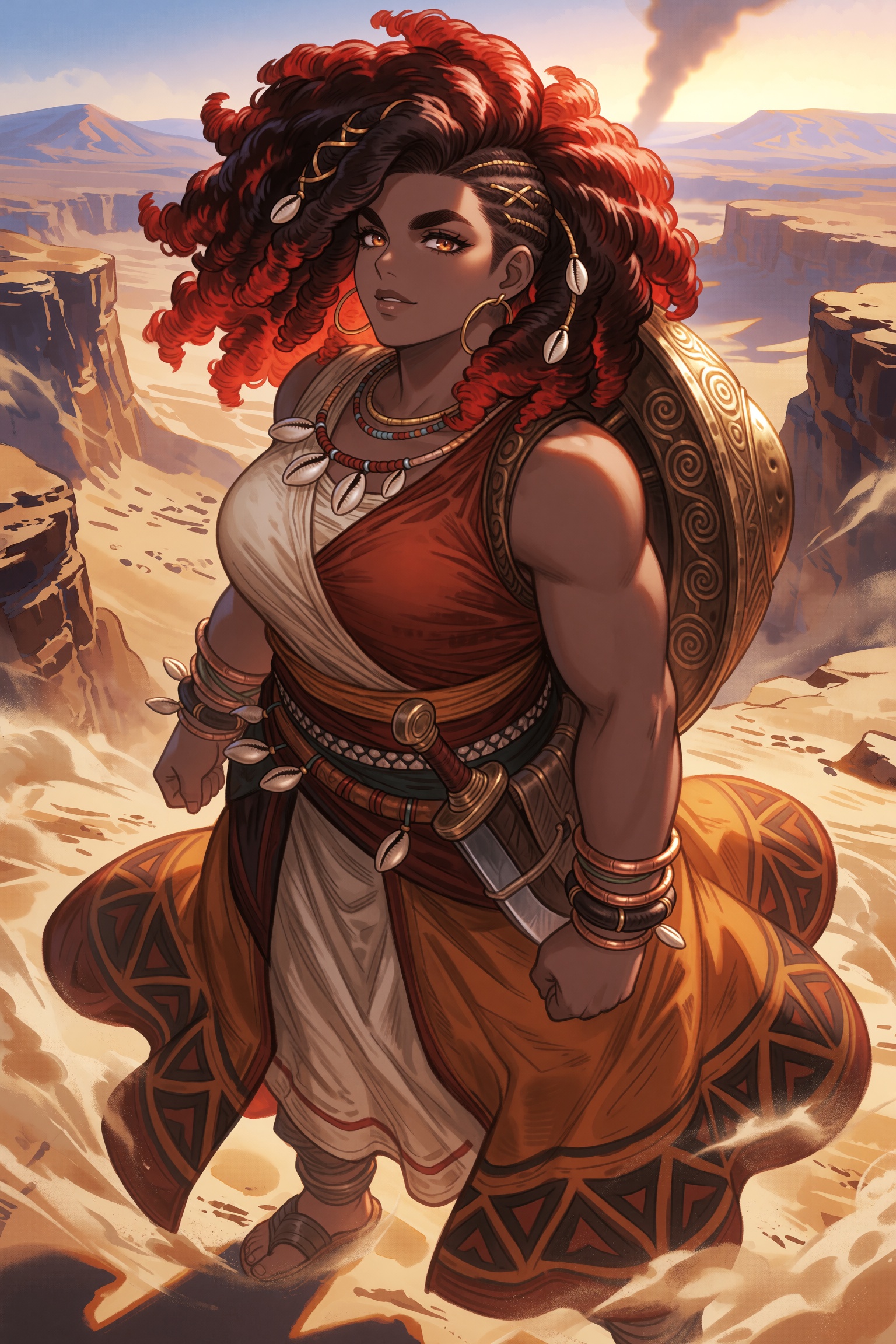 highres,  absurdres,  granblue fantasy style A woman with thick coily hair worn in a large and voluminous afro that frames...