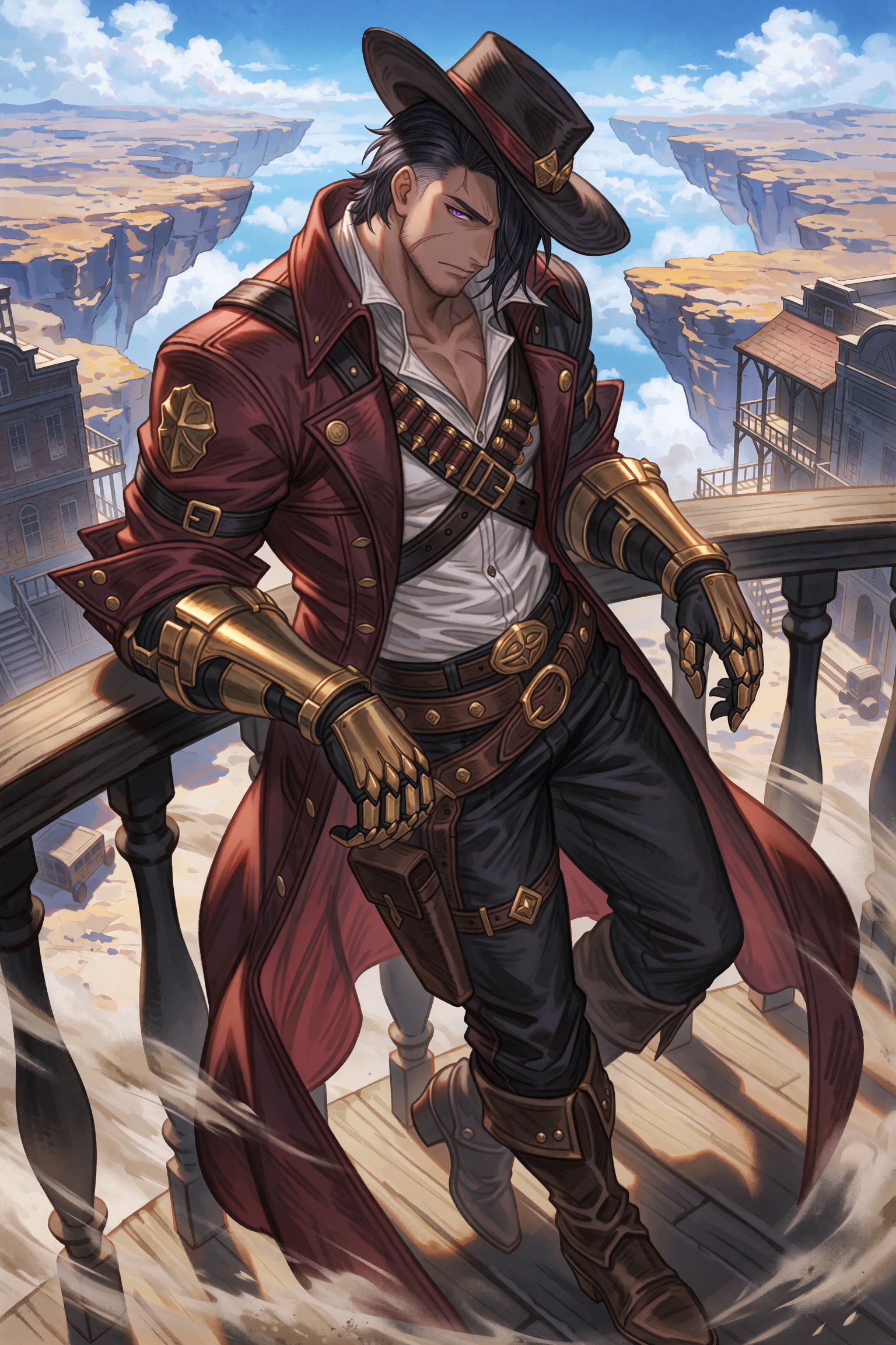 highres,  absurdres,  granblue fantasy style A brooding gunslinger leaning against a saloon railing in a floating frontier...