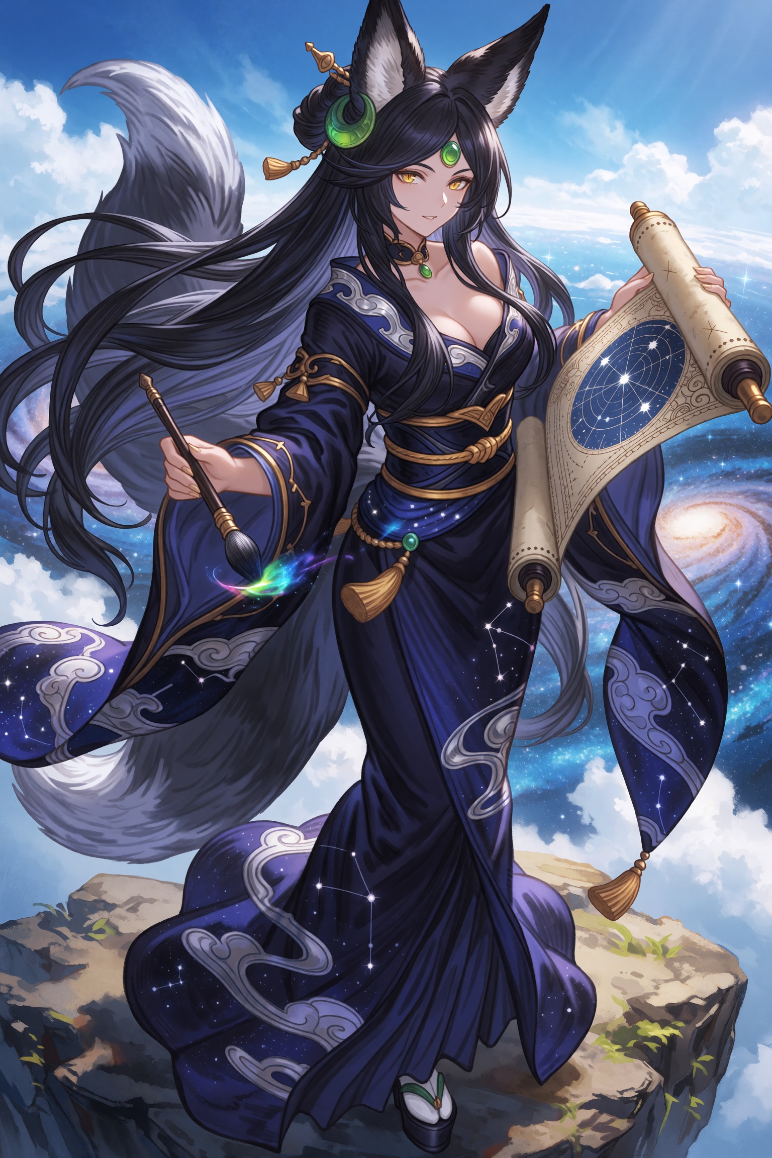 highres,  absurdres,  granblue fantasy style A slender woman with floor-length raven-black hair that flows like a silken s...