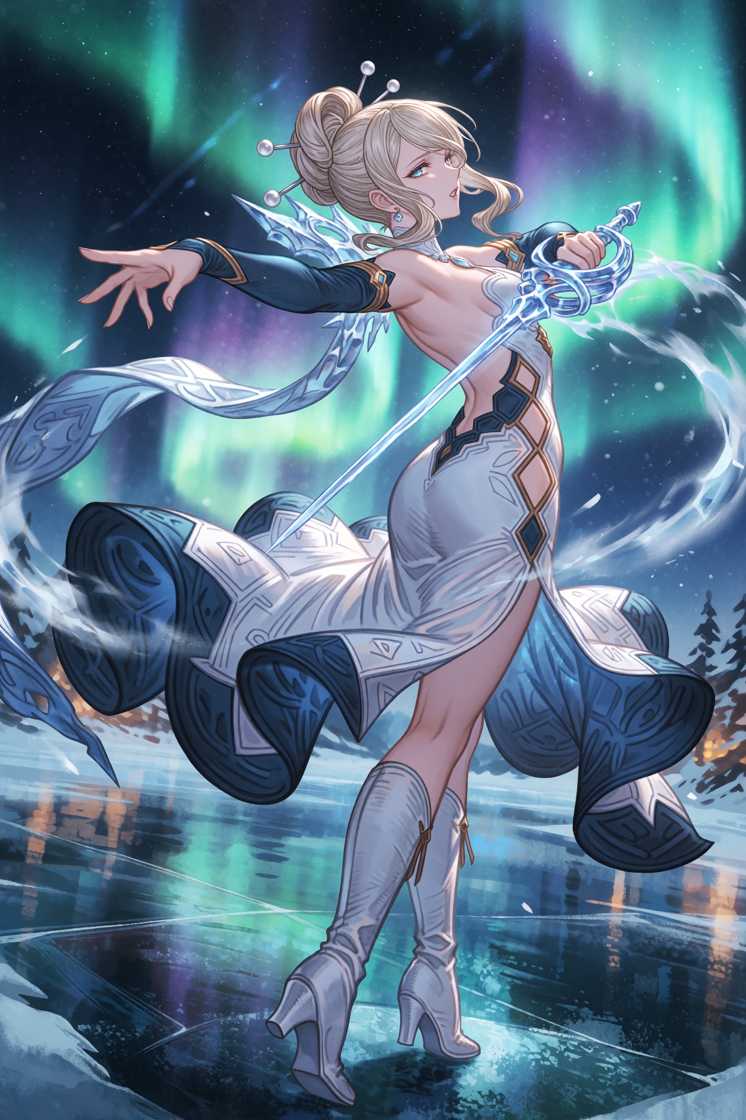 highres,  absurdres,  granblue fantasy style A lithe woman caught in a dramatic spin atop a frozen lake reflected with aur...