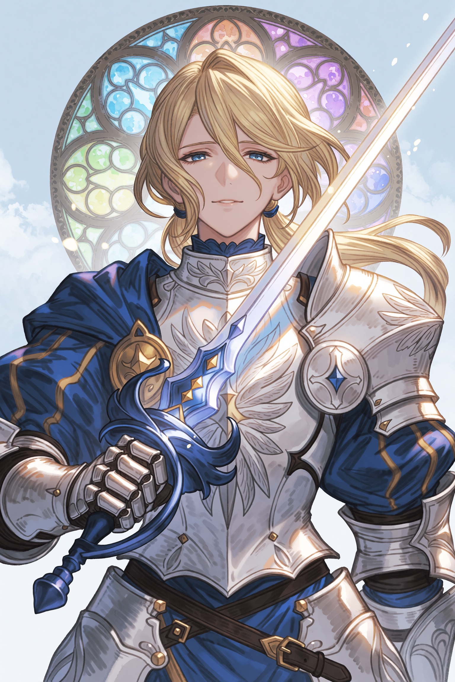 highres,  absurdres,  granblue fantasy style A dramatic digital portrait shows an elegant knight with pale blond hair tied...