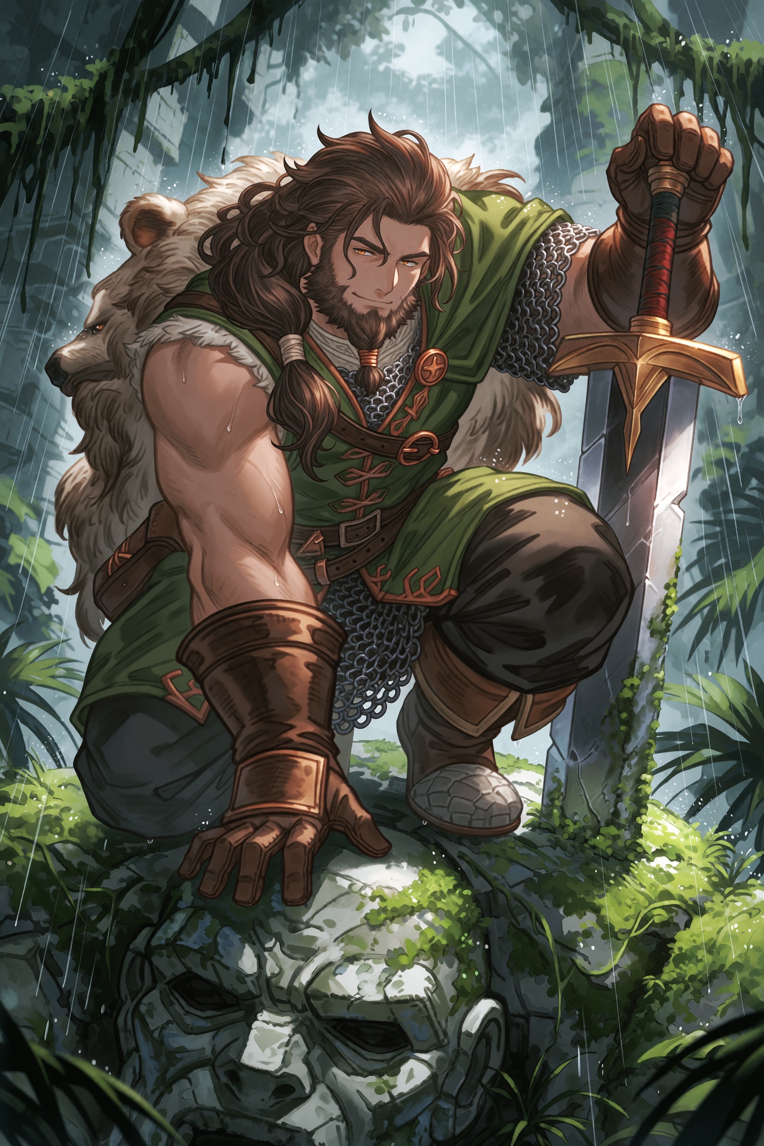 highres,  absurdres,  granblue fantasy style A broad-shouldered man crouched low on one knee atop the head of a fallen sto...