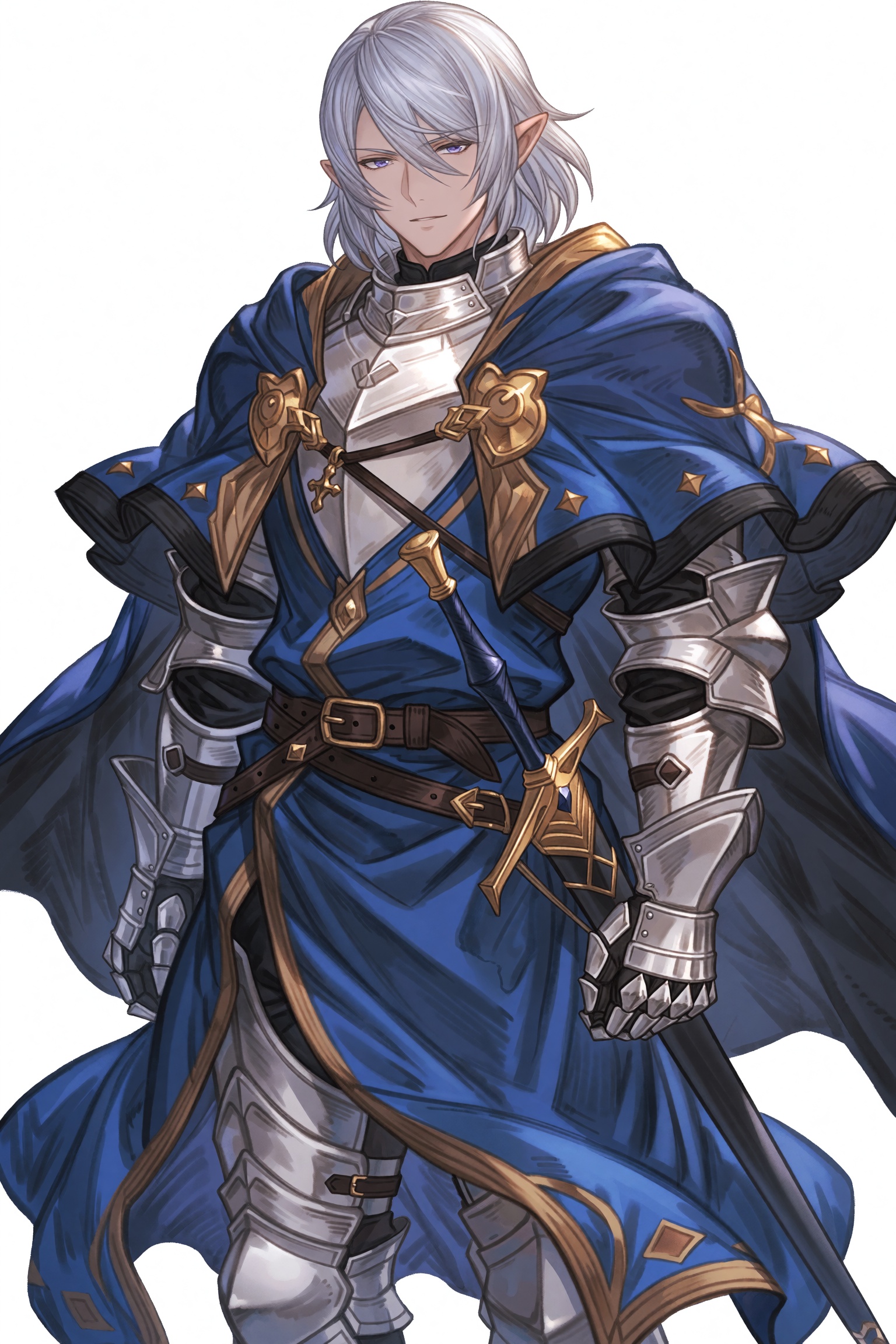 highres,  absurdres,  granblue fantasy style A poised male knight with shoulder‑length silvery‑white hair tucked neatly be...