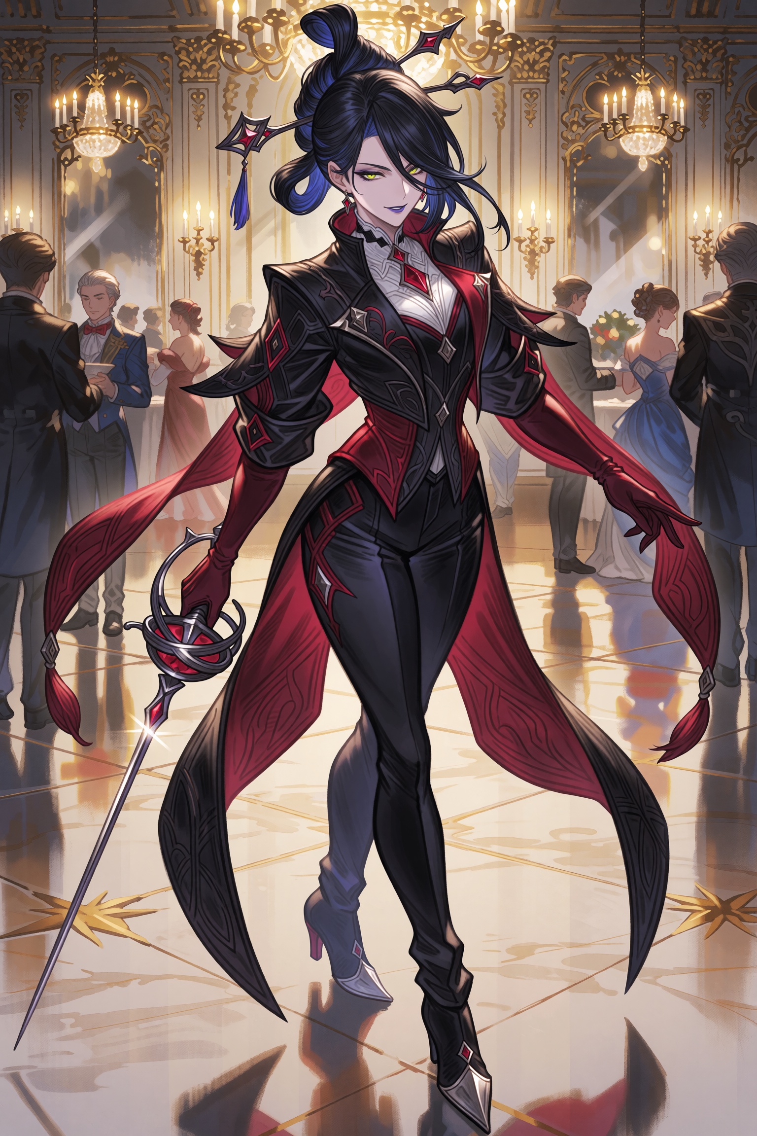 highres,  absurdres,  granblue fantasy style A tall slender woman with hair of deep black that has a faint blue sheen in c...