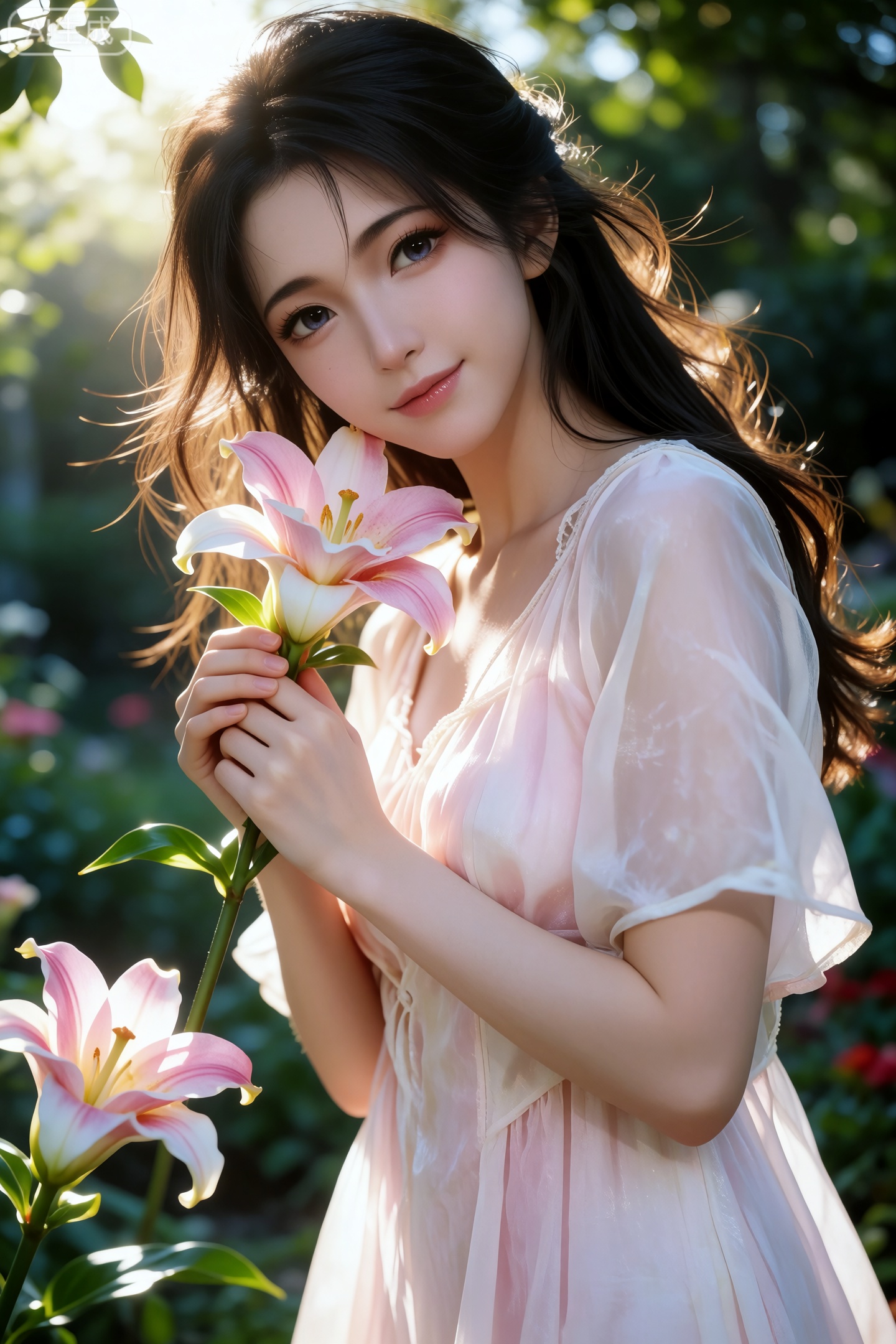 一位年轻清秀的女性站在阳光明媚的户外花园中,  从中景侧面略低角度拍摄捕捉她的上半身。她眼神温柔明亮地直视镜头,  嘴角带着浅浅甜美而含蓄的微笑 on Tensor.Art
