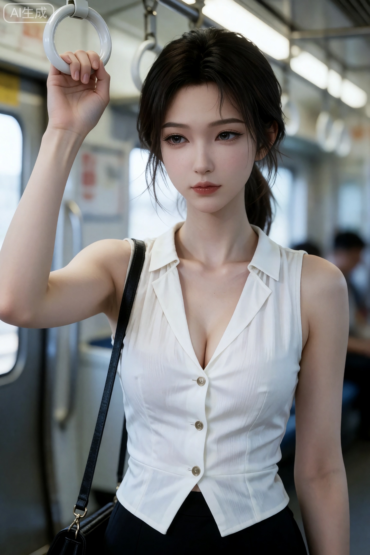an east asian woman stands inside a train car,  holding a white overhead strap handle with her raised right hand,  she wea...