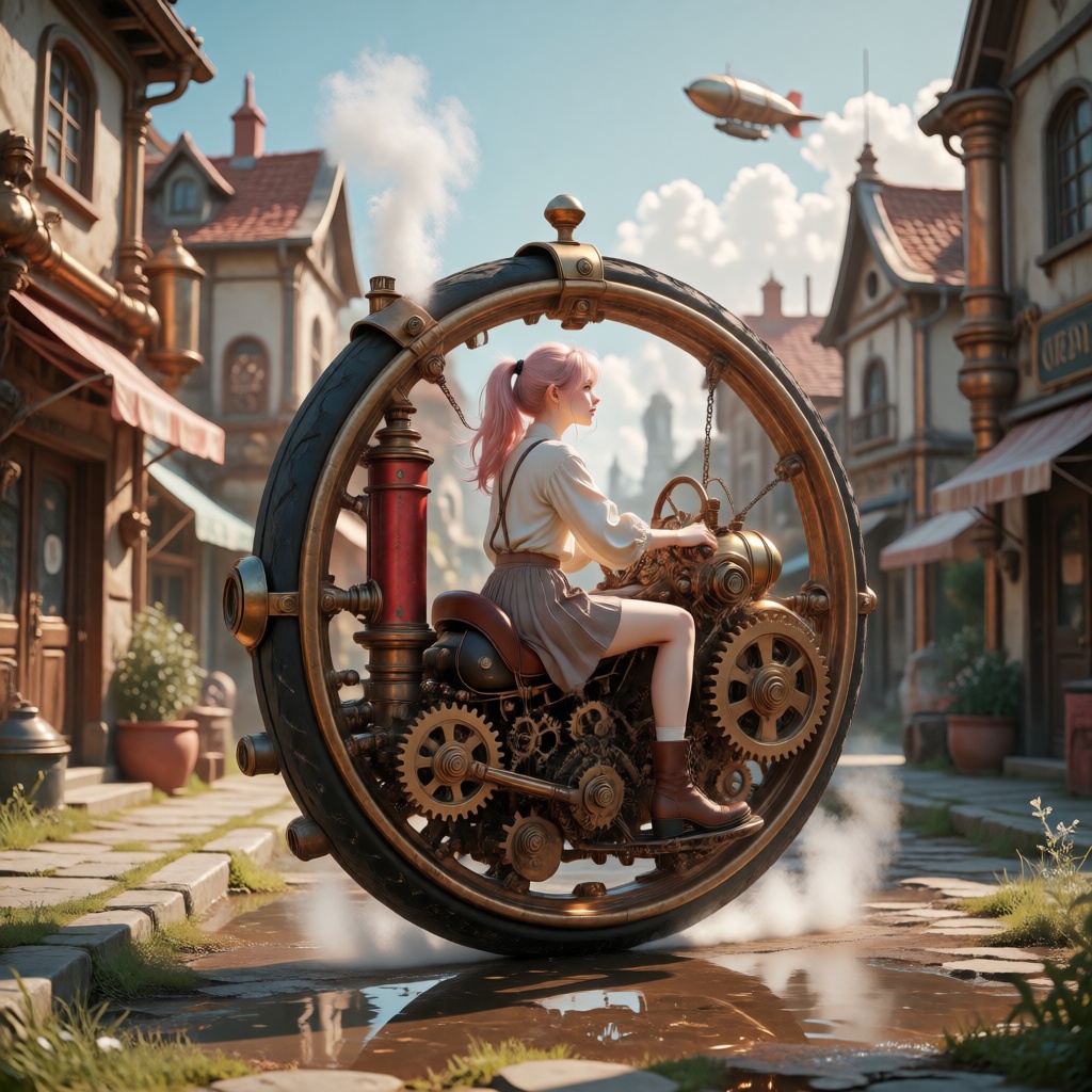 LVM-1,  a woman with pink ponytail sitting inside a large monowheel,  body inside the rim on Tensor.Art