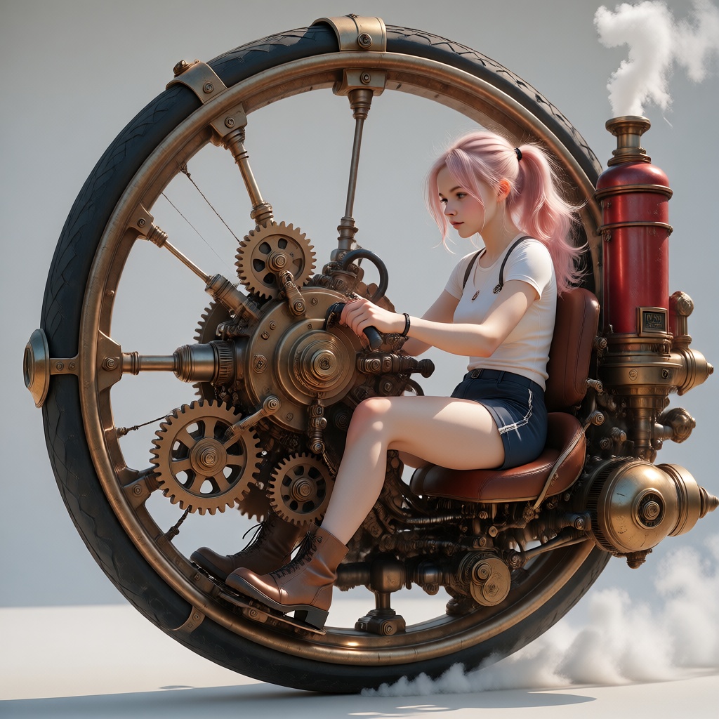 LVM-1,  a ***** female with pink ponytail sitting inside a large monowheel,  body inside the rim on Tensor.Art