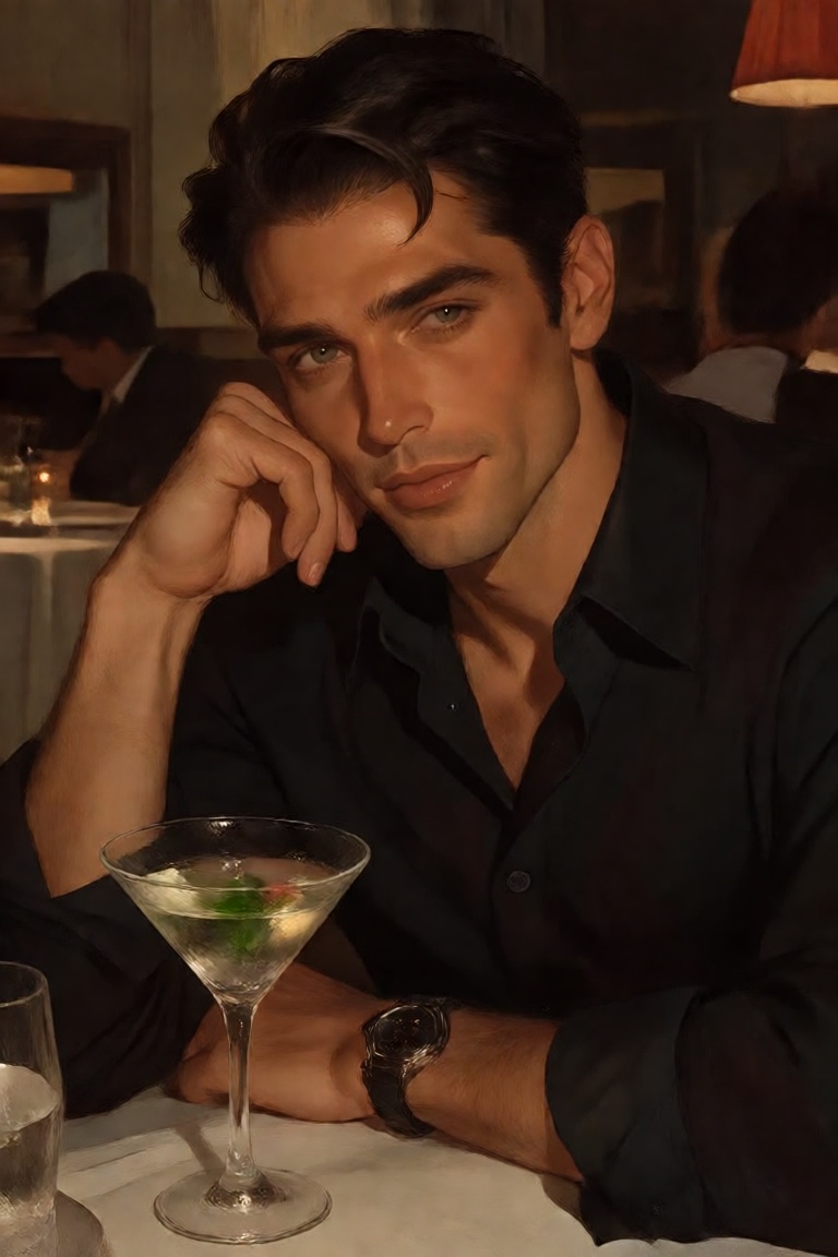 A European man in a semi realistic style (closer to stylised) is in a glamour appearance,  sitting in a restaurant,  his h...
