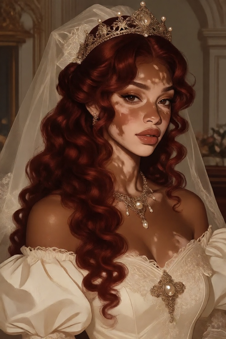 A medium close-up shot of a stunning,  elegant young woman with light tan skin featuring prominent,  beautiful vitiligo pa...