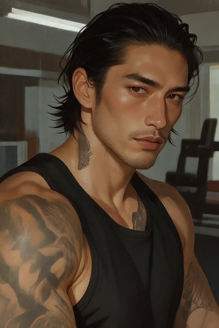 Dark,  slicked-back hair. He has piercing dark eyes,  a defined jawline covered in light stubble. Has tattoos on his shoul...