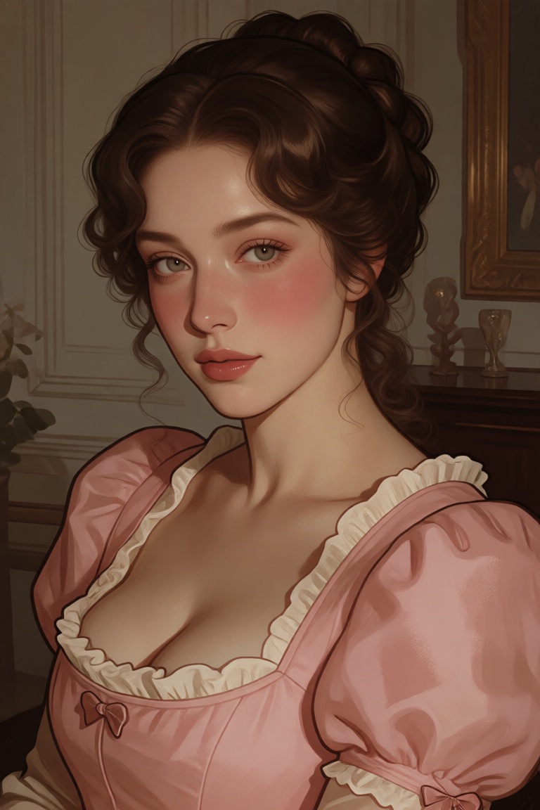 1 ***** female in the regency era wearing a pink dress,  her soft brown hair is styled in an updo,  her cheeks a flushed p...